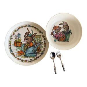 VTG Oneida Deluxe Peter Rabbit Plate Bowl Silverware Bunny 1970's 4 Pieces